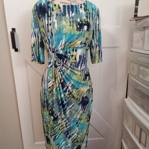 Connected Apparel Blue and Green Abstract Short Sleeve Dress EUC Size 12P  (23)